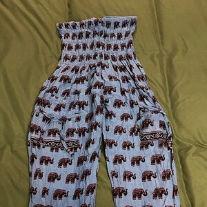 Elephant Print Smocked Waist Pants - Blue and Brown
